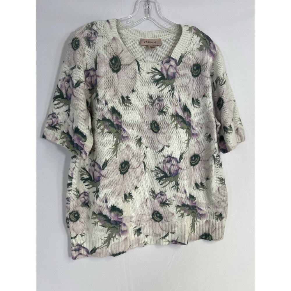 Philosophy Floral Short Sleeve Sweater Woman’s XL Cream‎ Pink Purple Flower Knit